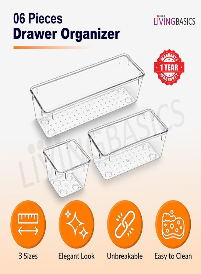 LIVINGBASICS 6 Pcs Unbreakable Kitchen Drawer Organizer/Drawers Organisers/Make up Organiser/Drawer Divider Tray/Makeup Dresser Tray/Dressing Table Organiser (Transparent) - Image 3